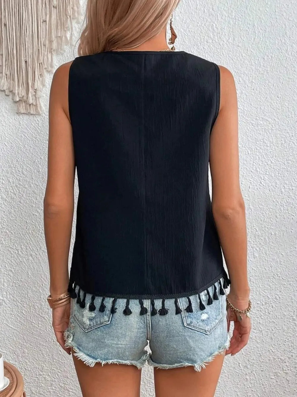 Tassel Printed V-Neck Tank - cas7m