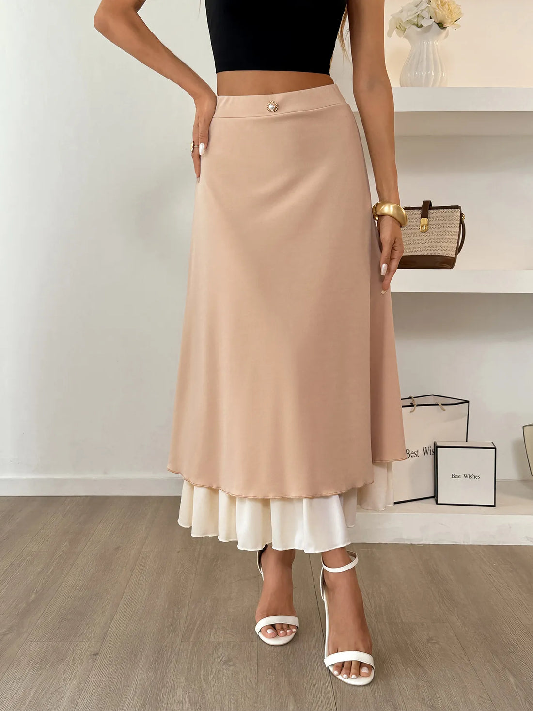 Layered Midi Skirt with Contrast Hem Detail - cas7m