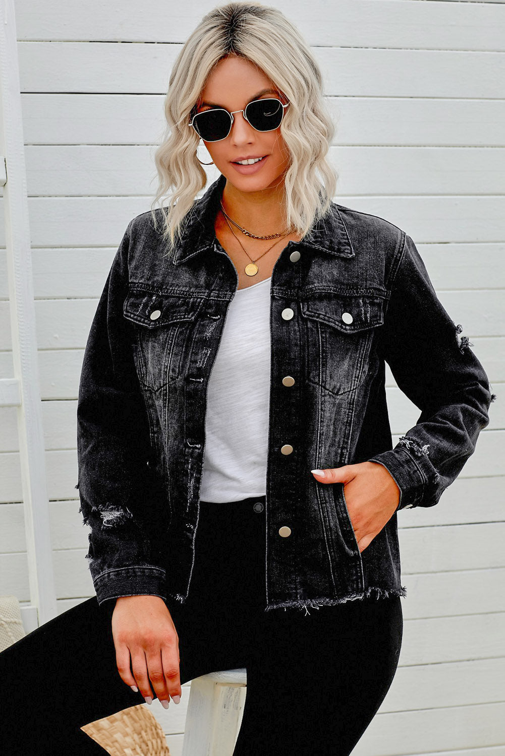 Distressed Raw Hem Buttons Denim Jacket - cas7m