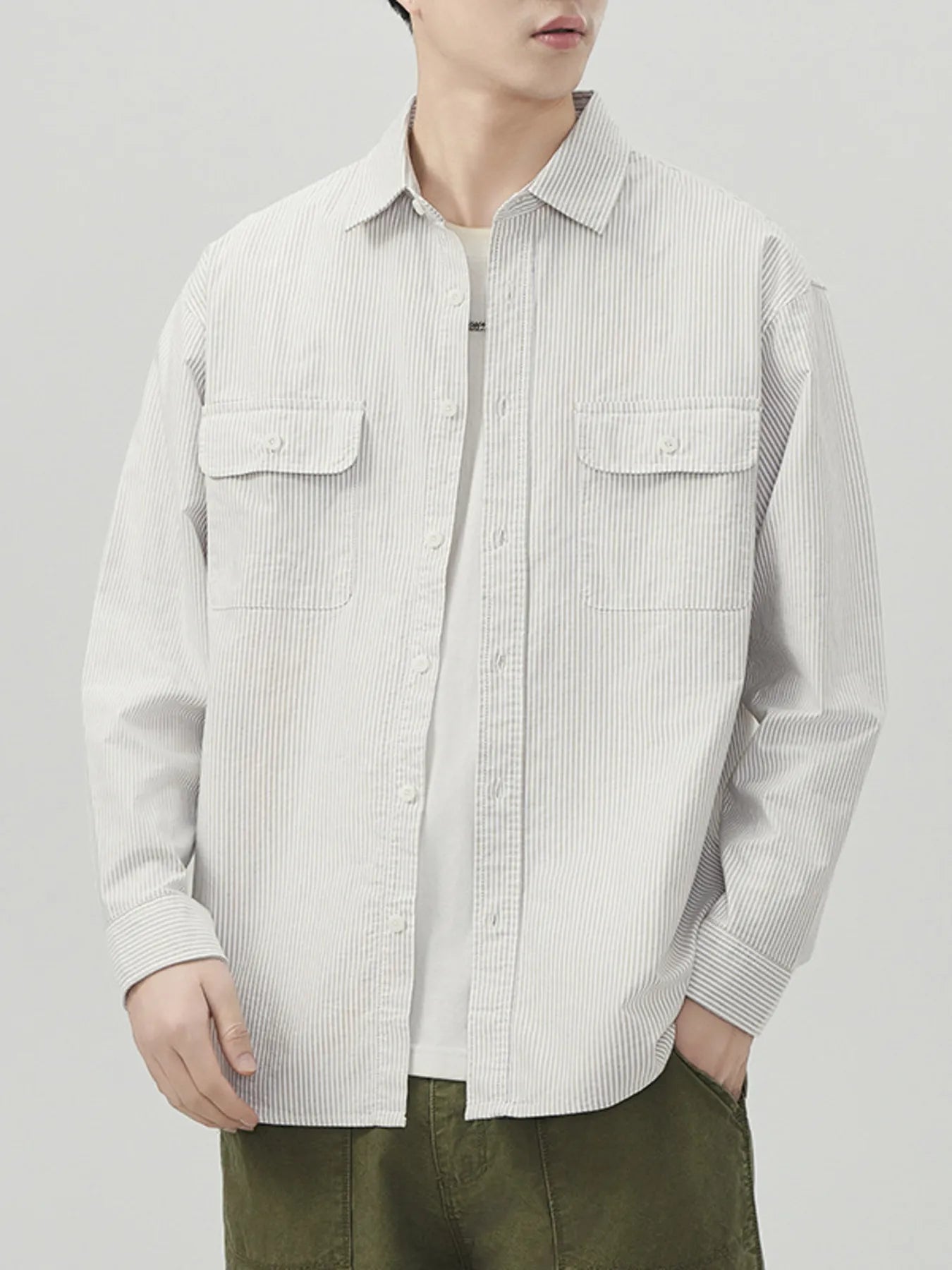 Men's Plus Size Striped Button Up Long Sleeve Shirt - cas7m