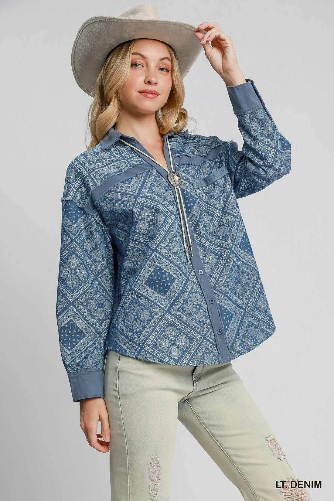 Umgee Paisley Print Denim Shirt Jacket - cas7m