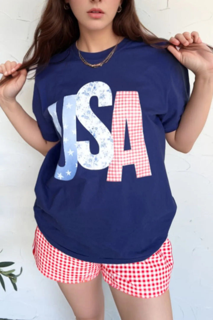 USA Letter Round Neck T-Shirt - cas7m