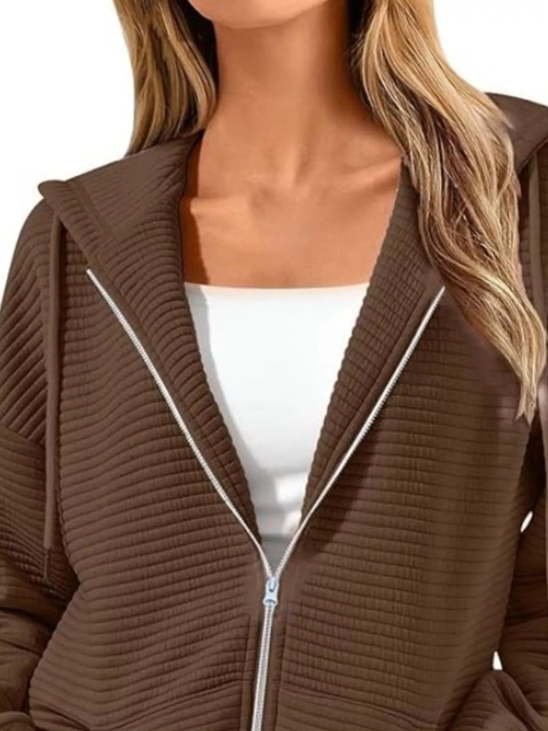 Drawstring Zip Up Dropped Shoulder Hoodie - cas7m