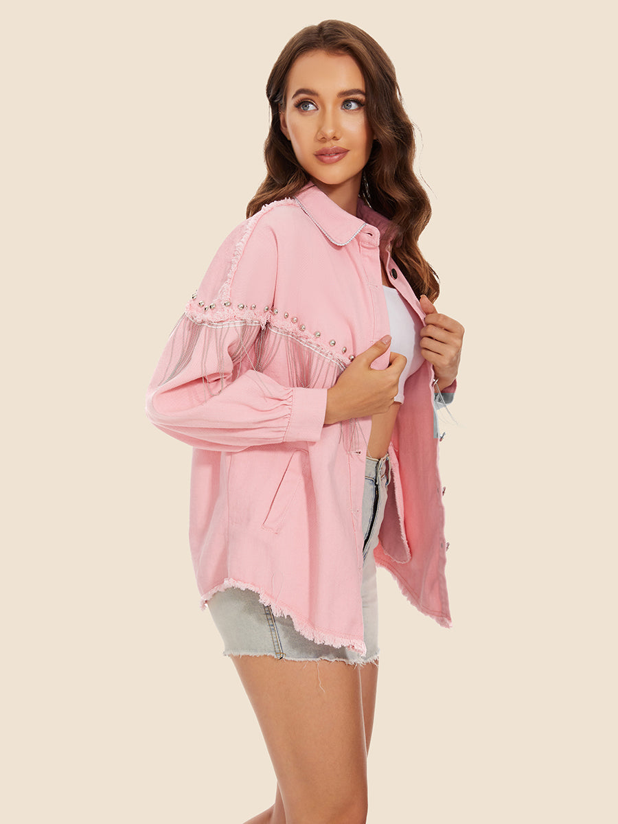 Raw Hem Fringe Detail Denim Jacket - cas7m