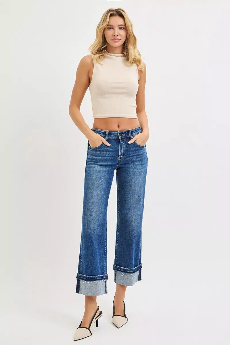 RISEN Mid Rise Ankle Straight Jeans with Cuffed Hem - cas7m