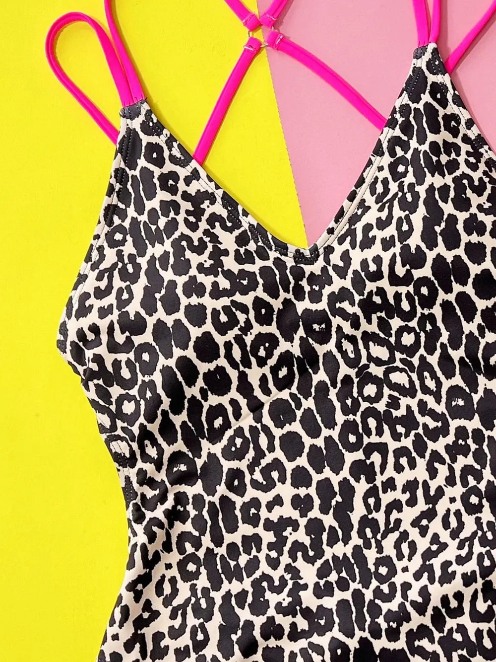 Leopard Plunge Spaghetti Strap One-Piece Swimwear - cas7m