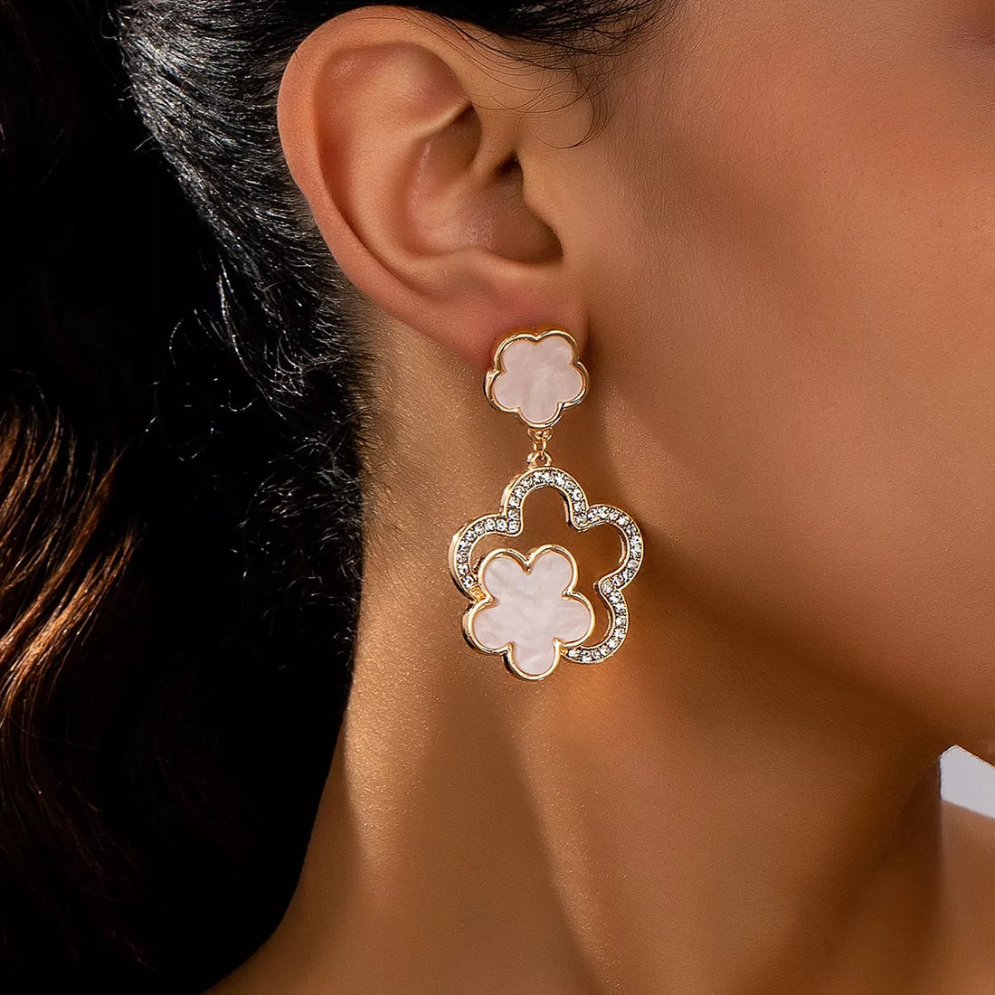 Lucky Clover Dangle Earrings with Rhinestone Accents - cas7m