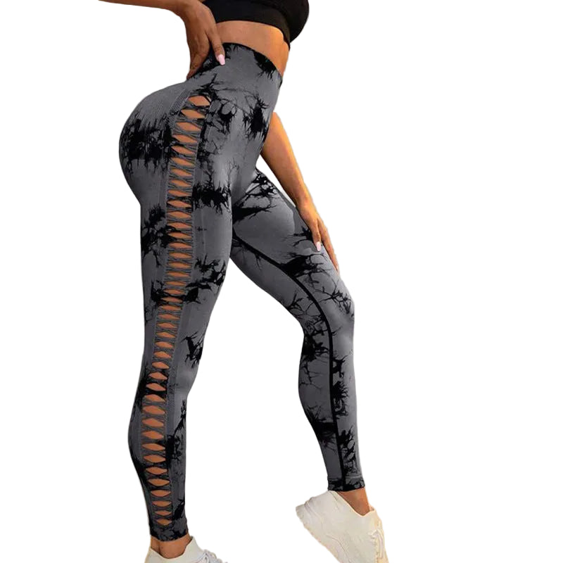 Hollow Tie Dye Printed Yoga Pants High Waist Butt Lift Seamless Sports Gym Fitness Leggings Slim Pants For Women Tight Trousers - cas7m