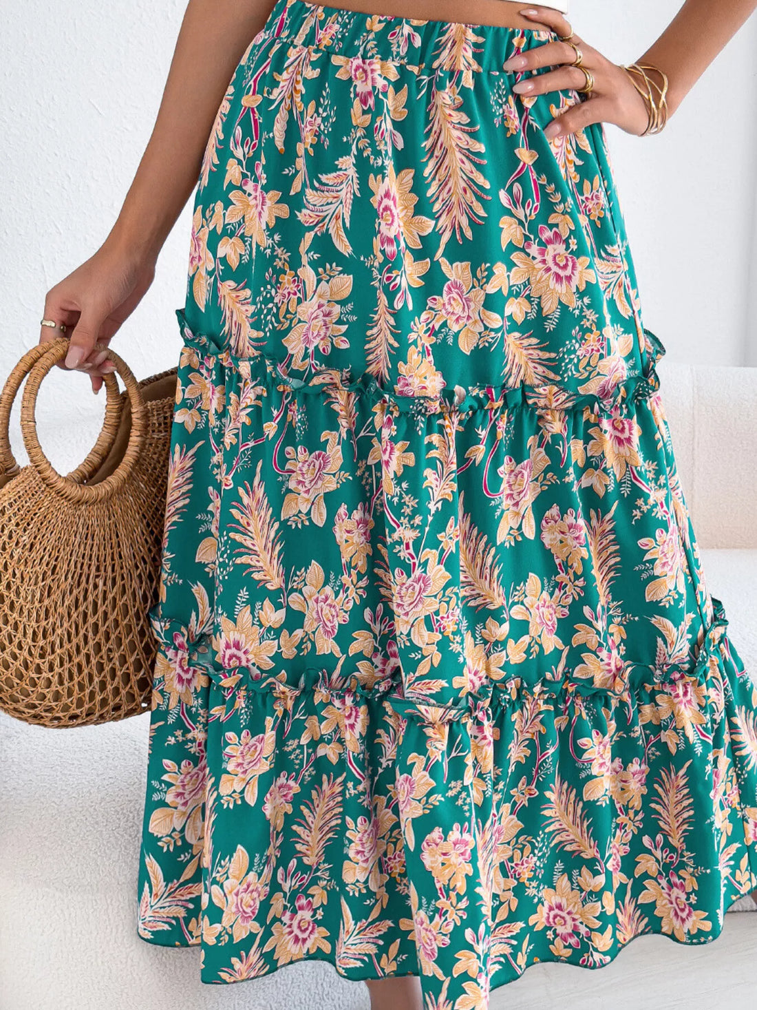 Floral Print Ruffle Hem Flowy Midi Skirt - cas7m