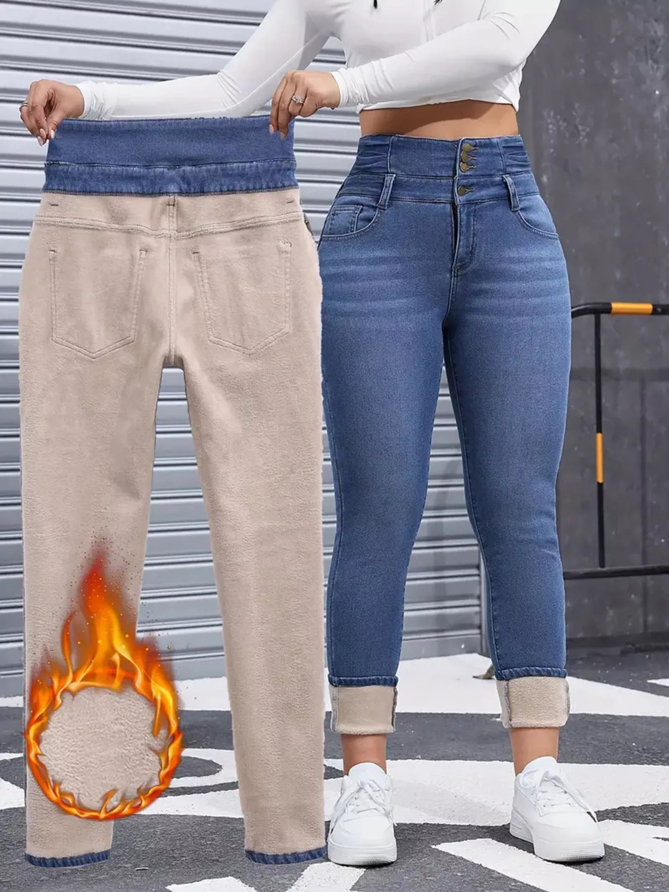 High-Waisted Slim Fit Fleece-Lined Jeans - cas7m