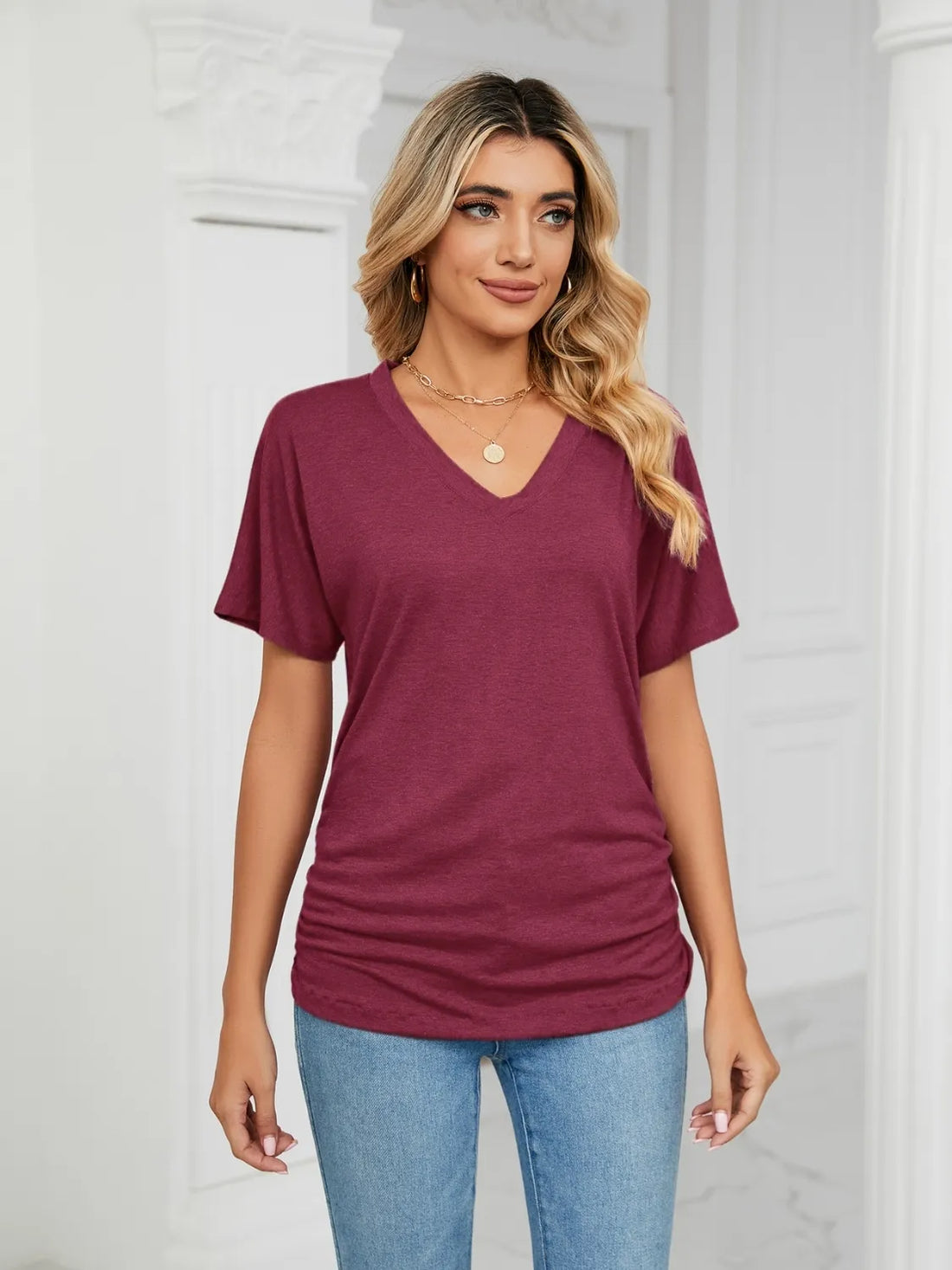 V-Neck Short Sleeve T-Shirt - cas7m