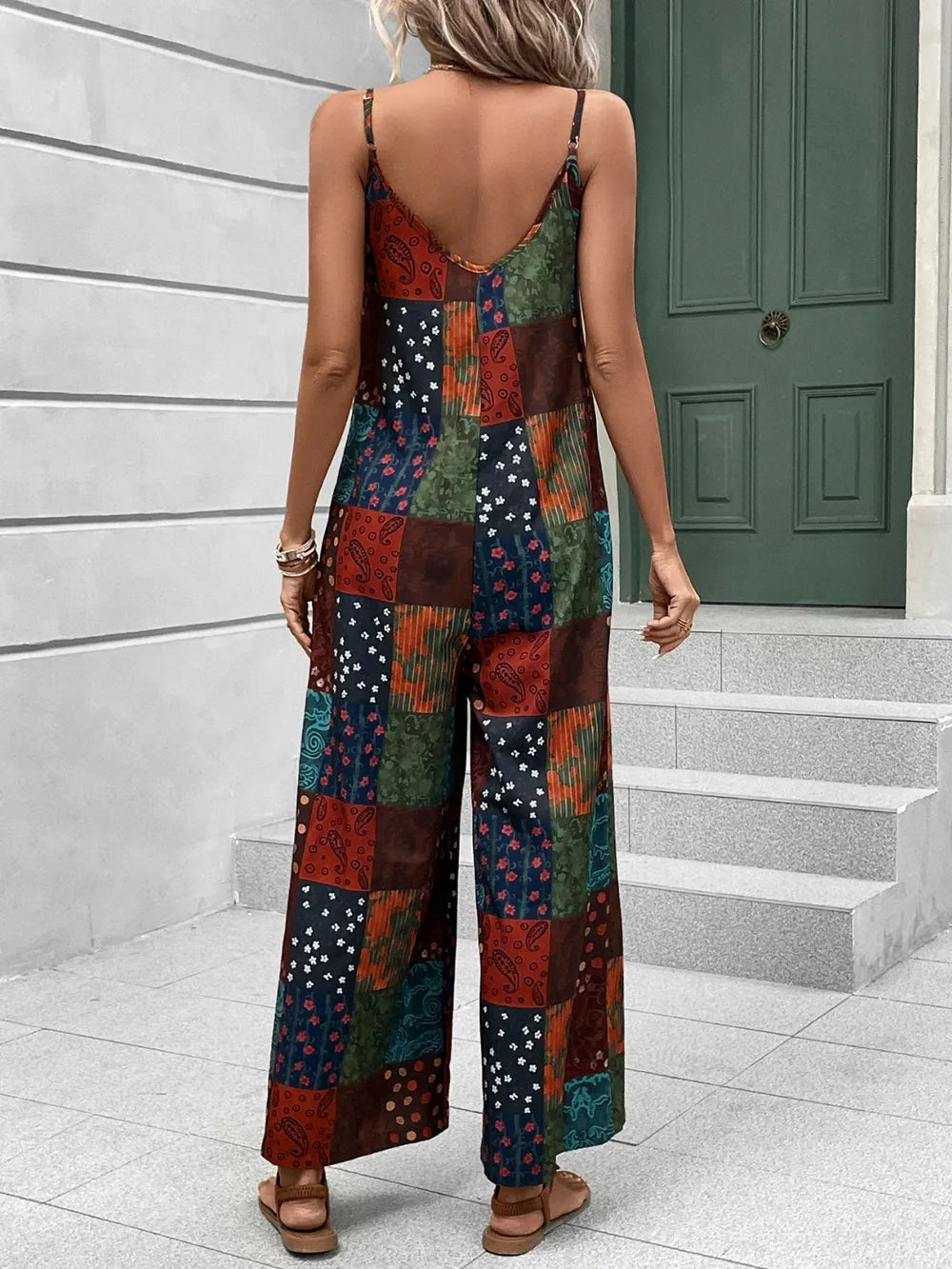 Printed Scoop Neck Spaghetti Strap Jumpsuit - cas7m