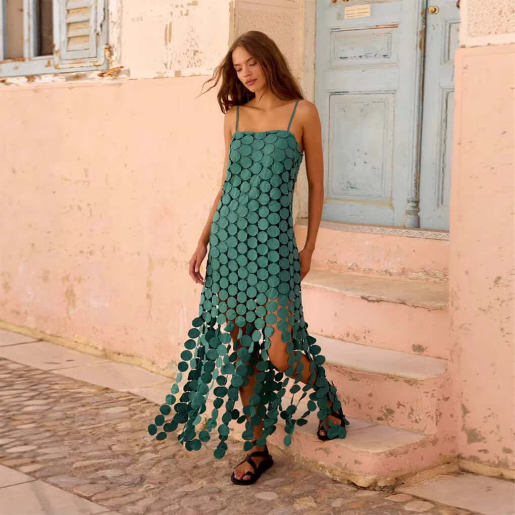 Fashion Hollow-Out Polka Dot Midi Slip Dress - Lightweight Sleeveless Linen-Blend Summer Dress For Women - cas7m