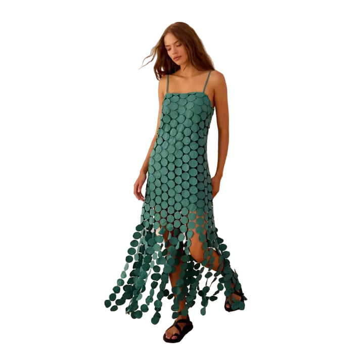 Fashion Hollow-Out Polka Dot Midi Slip Dress - Lightweight Sleeveless Linen-Blend Summer Dress For Women - cas7m