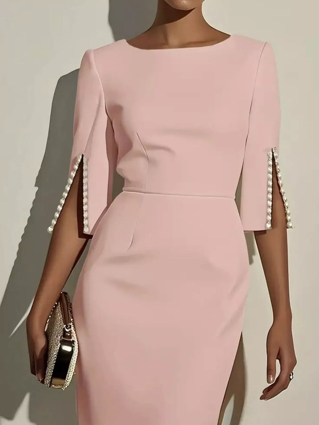 Slim-Fit Elegant Midi Dress with Beaded Slit Sleeve - cas7m
