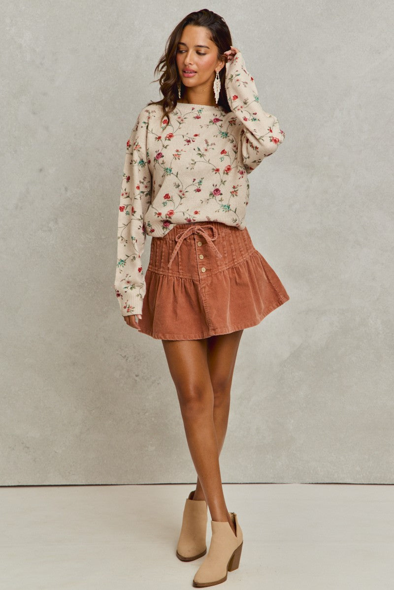 SO ME Mineral Wash Pintucked Corduroy Mini Flared Skirt - cas7m