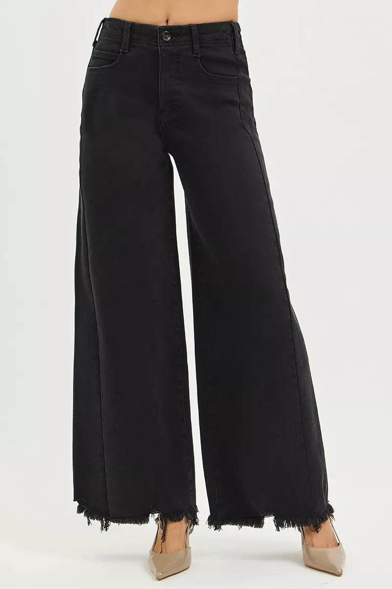 RISEN Tummy Control High Rise Palazzo Leg Frayed Hem Jeans - cas7m