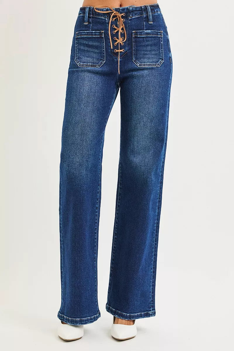 RISEN Full Size High Rise Wide Leg Jeans with Front Tie Detail Plus Size - cas7m