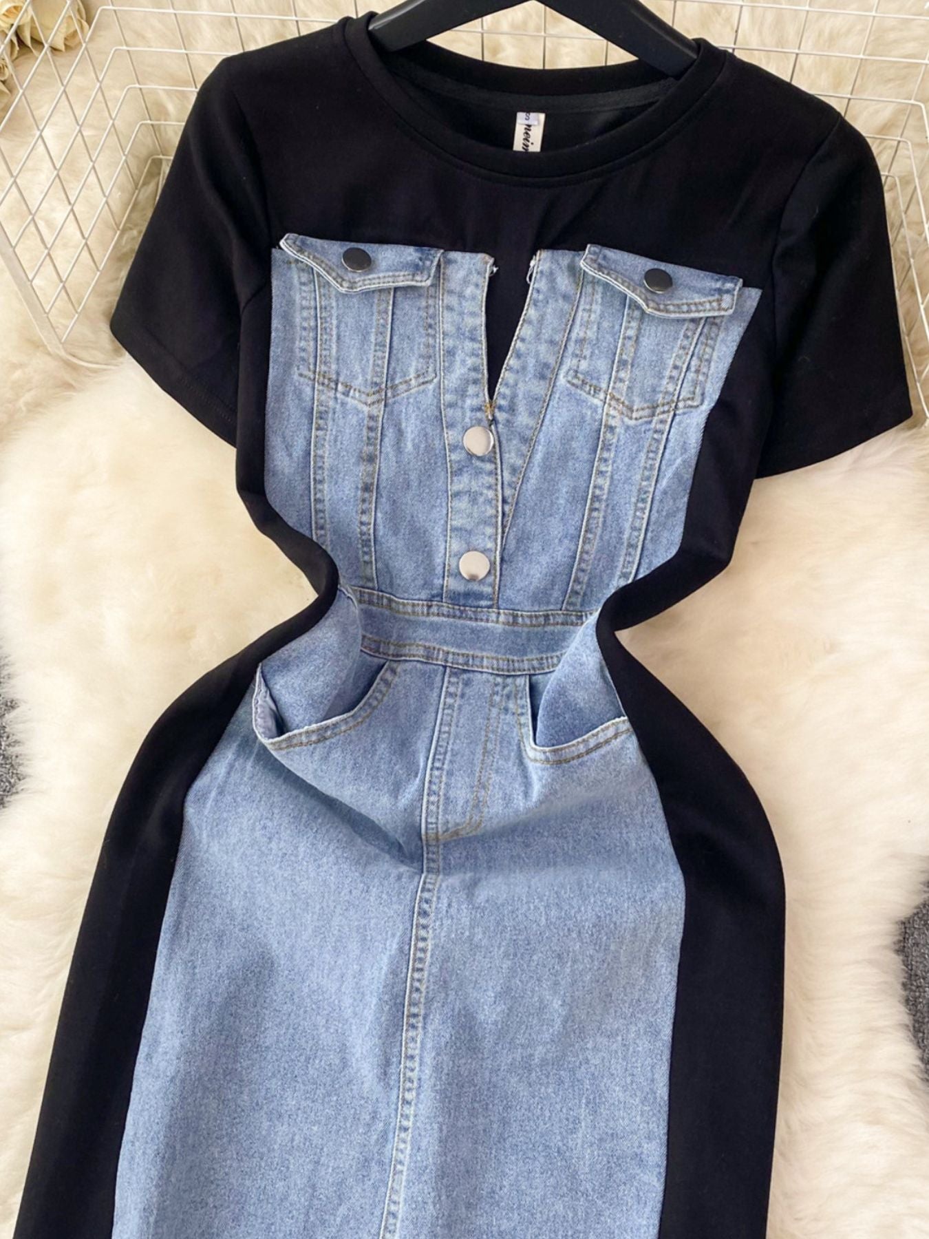 Full Size Denim Patchwork Short Sleeve Slit Back Dress Plus Size - cas7m