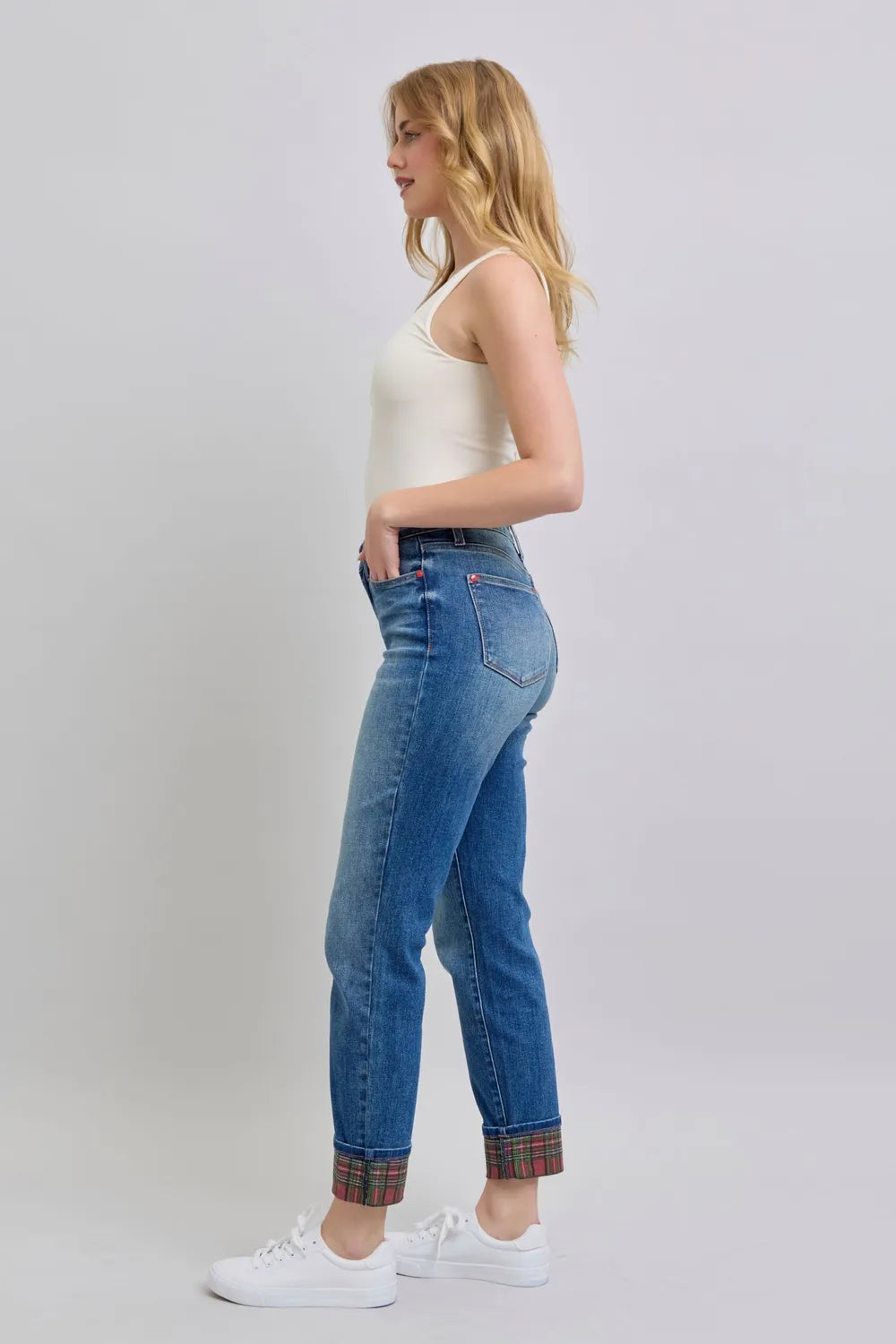 Judy Blue Full Size Plaid Print Cuff Straight Leg Jeans with Pockets - cas7m