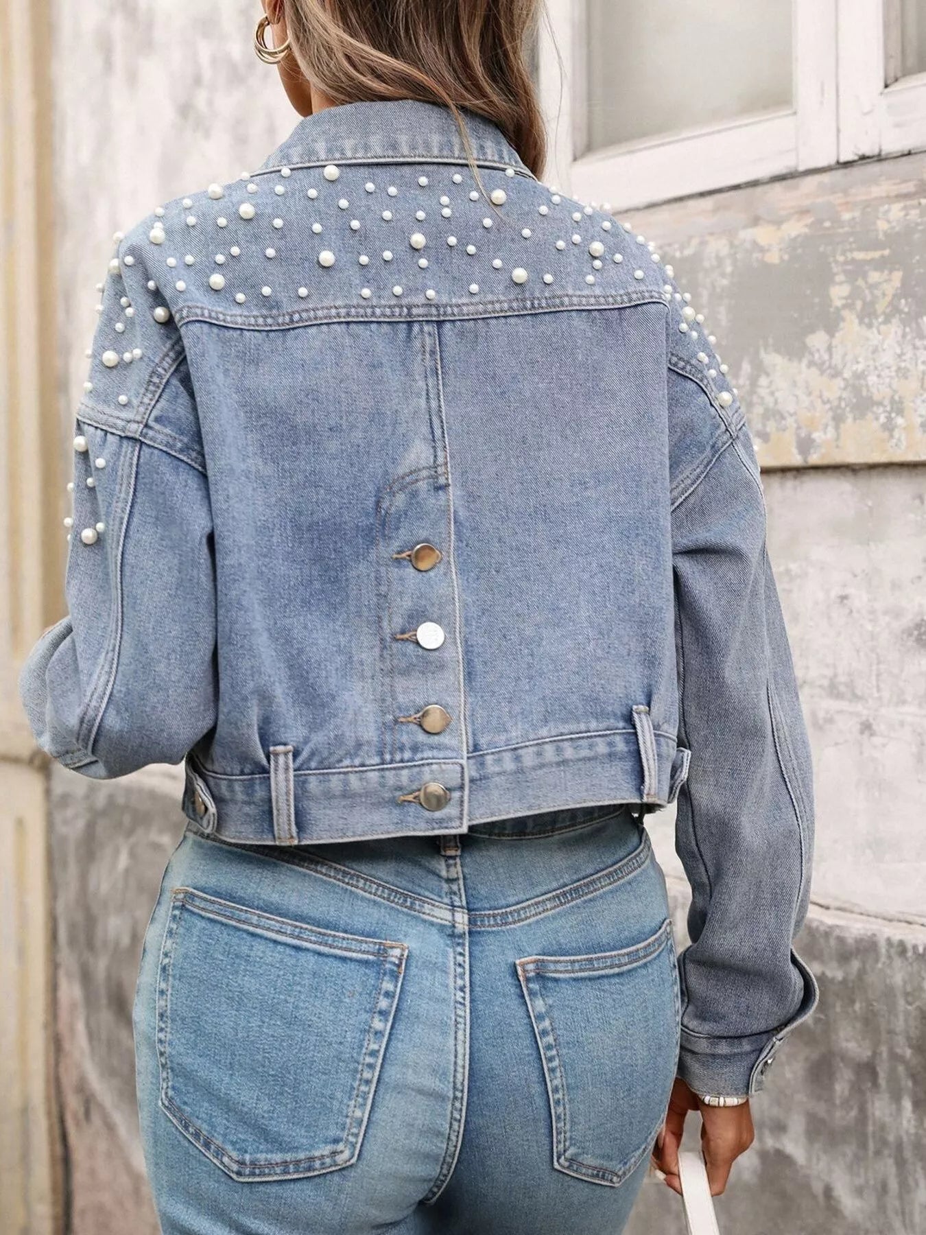 Pearl Embellished Cropped Denim Jacket - cas7m
