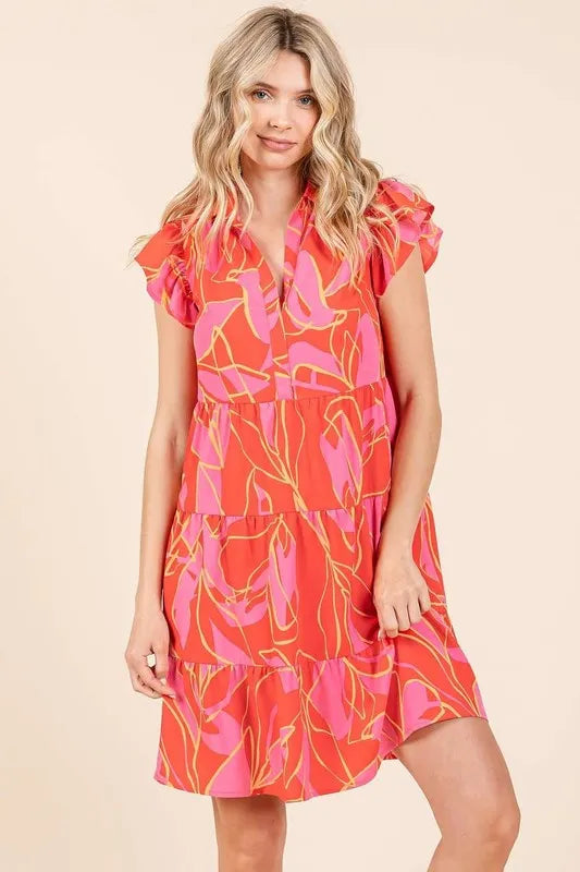 Mittoshop Leaf Print Ruffle Sleeve Tiered Mini Dress - cas7m