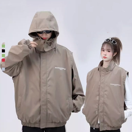 Detachable Sleeve Hooded Jacket Coat - cas7m