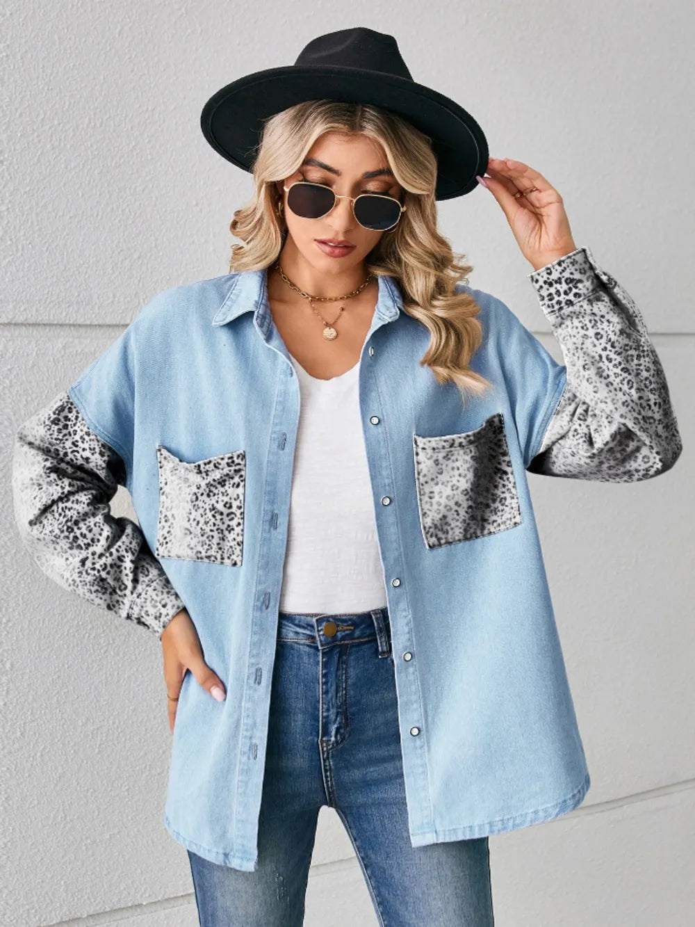Leopard Button Up Denim Jacket - cas7m