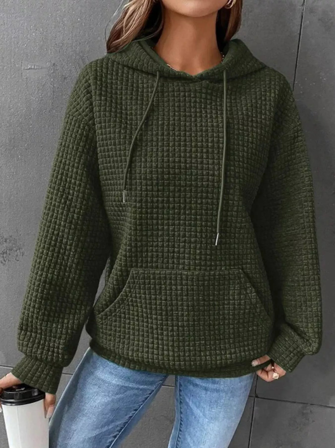 Full Size Textured Kangaroo Pocket Hoodie Plus Size - cas7m