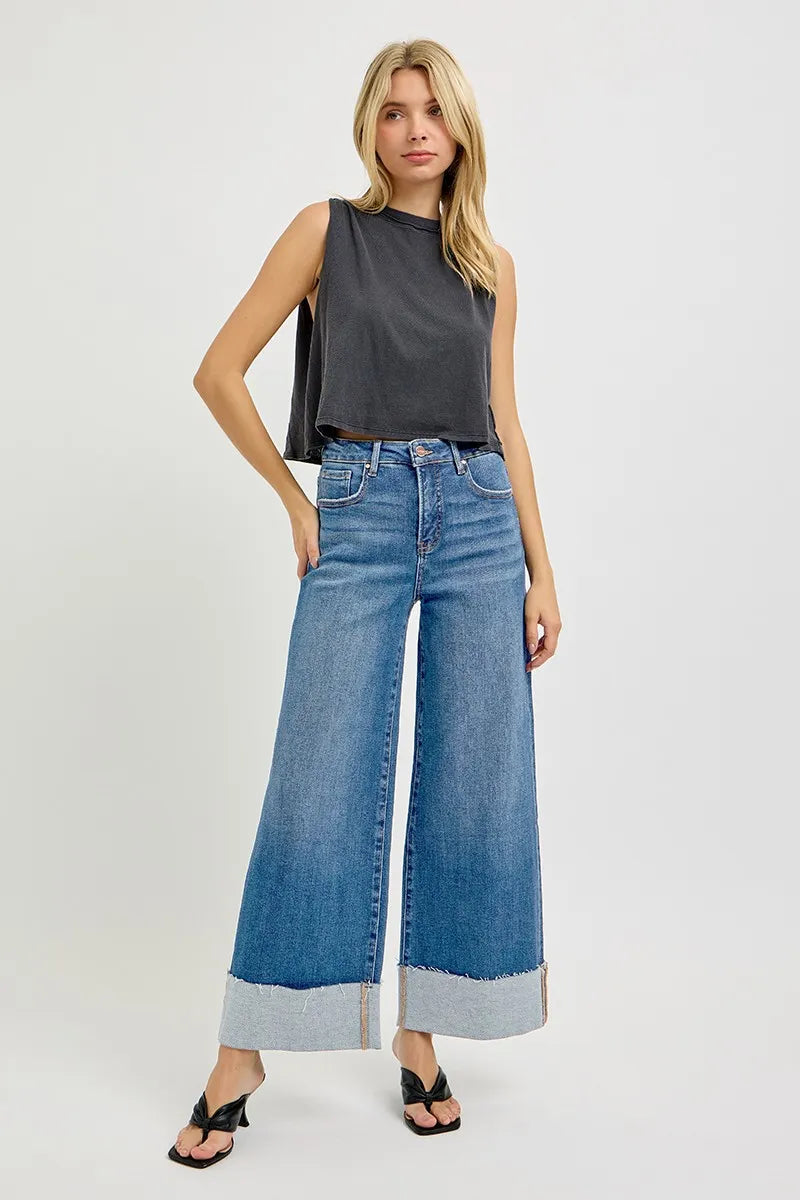 RISEN Full Size Tummy Control High Rise Crop Wide Cuffed Jeans Plus Size - cas7m