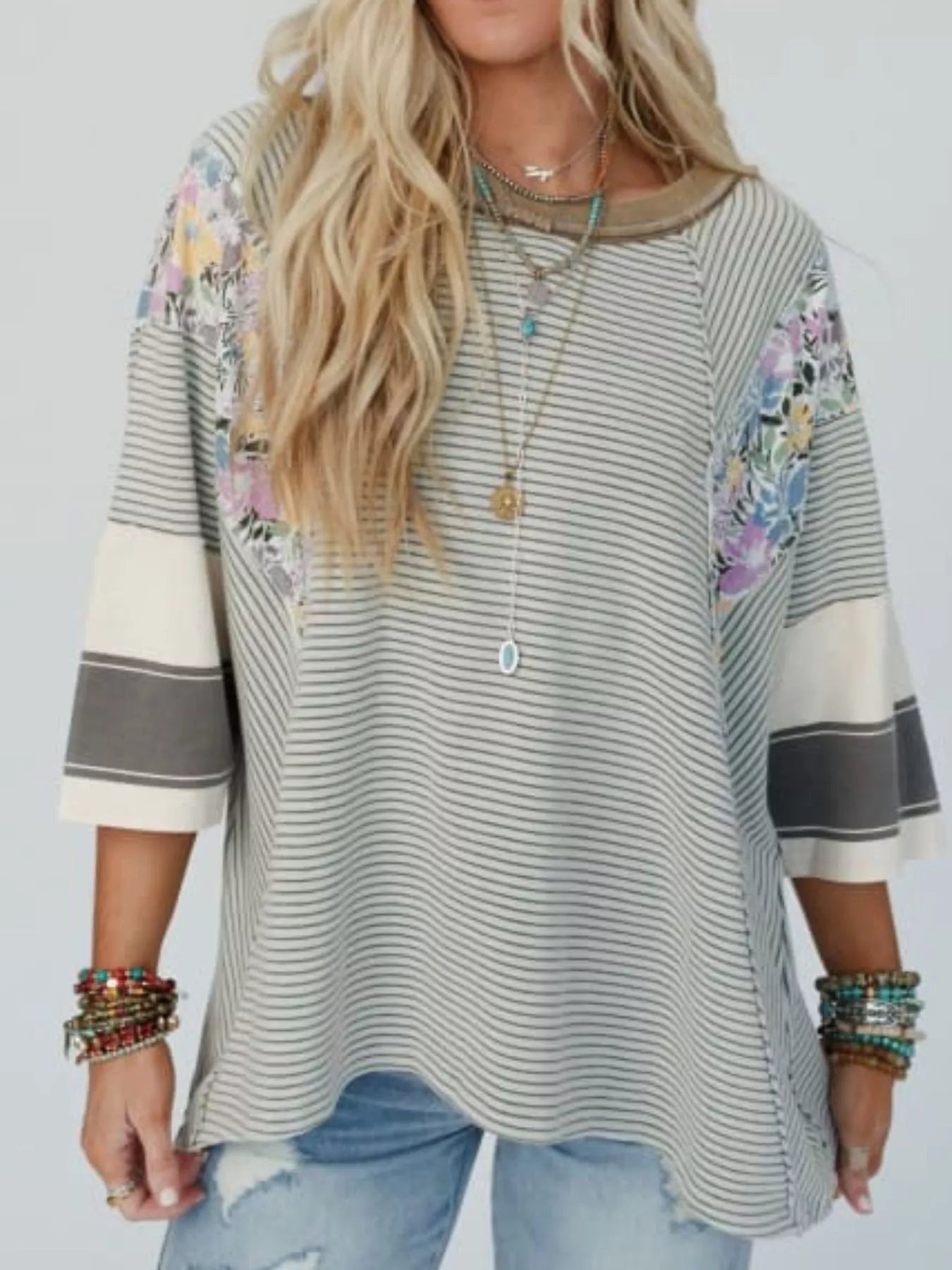 Striped Floral Long Sleeve T-Shirt - cas7m