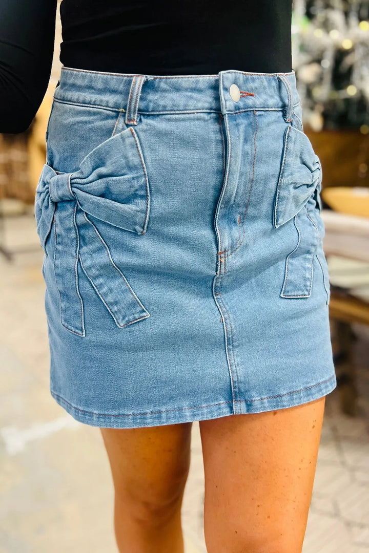 Acid Wash Bowknot Details High Waist Denim Skirt - cas7m