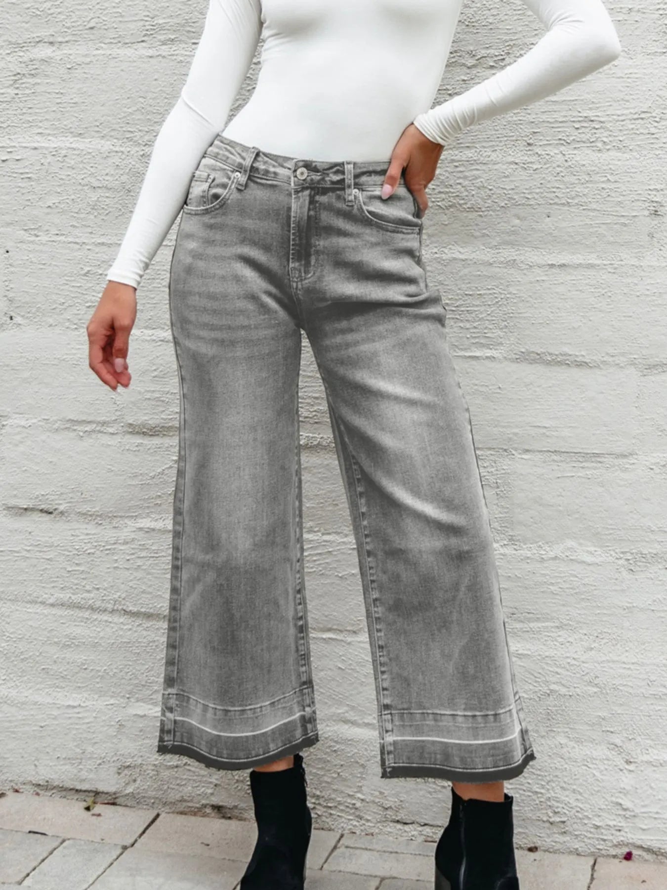High Waist Wide Leg Washed Jeans - cas7m