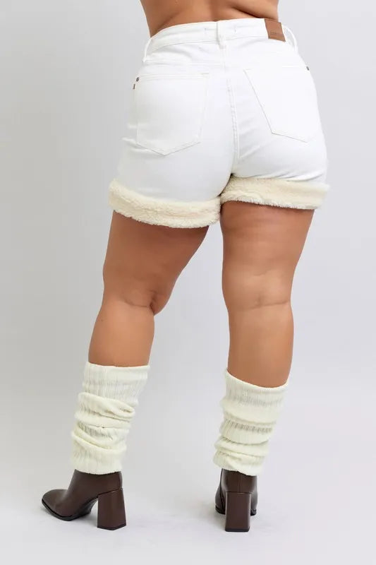 Judy Blue Full Size High Waist Shearling Cuff Denim Shorts Plus Size - cas7m