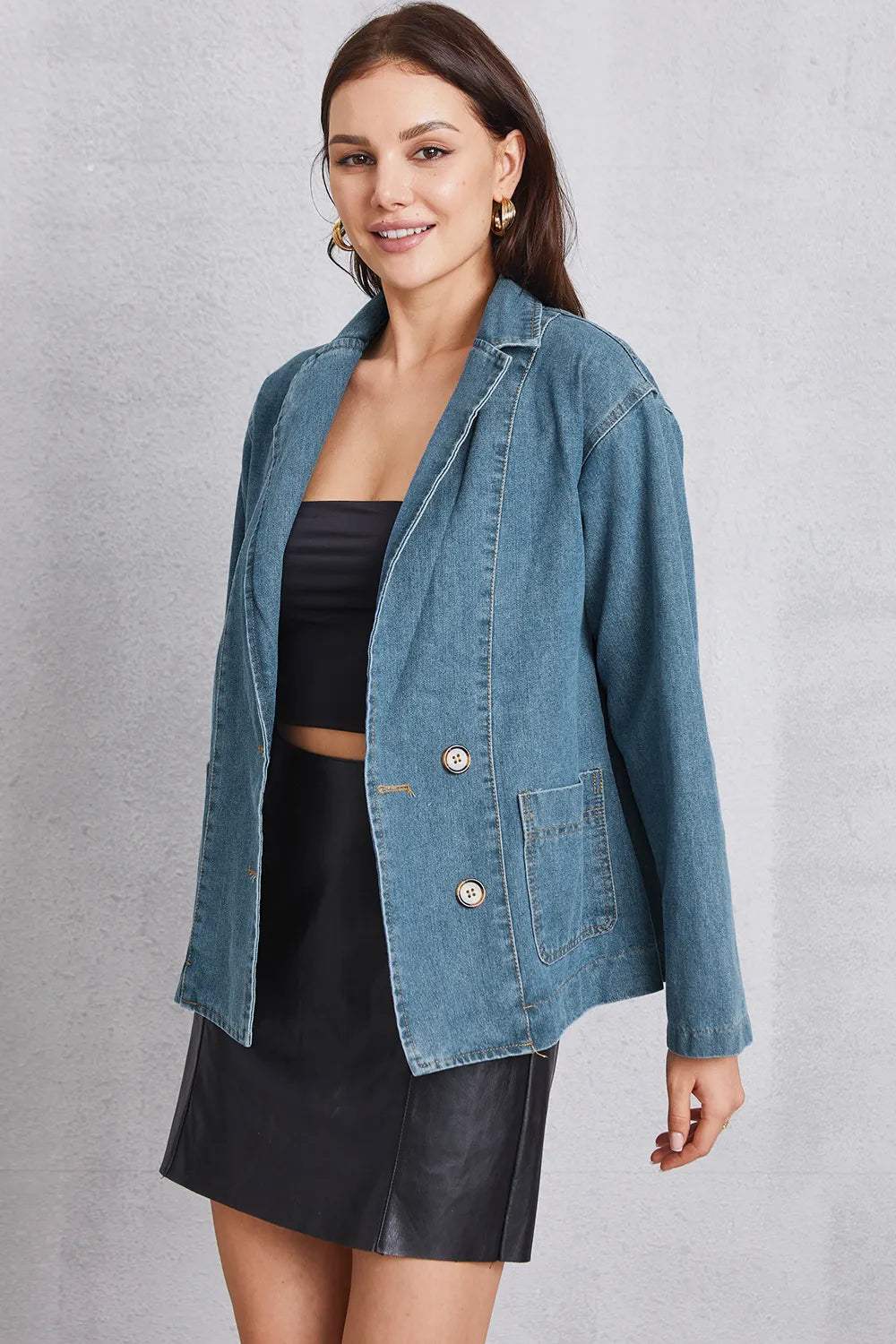 Pocketed Button Up Denim Jacket - cas7m