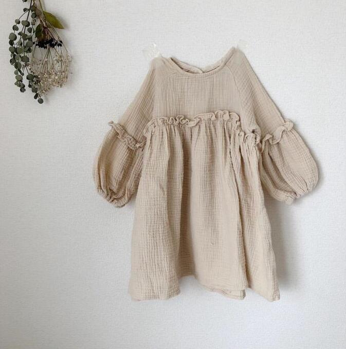 Girls' Cotton And Linen Bubble Long Sleeve Korean Style Dress - cas7m