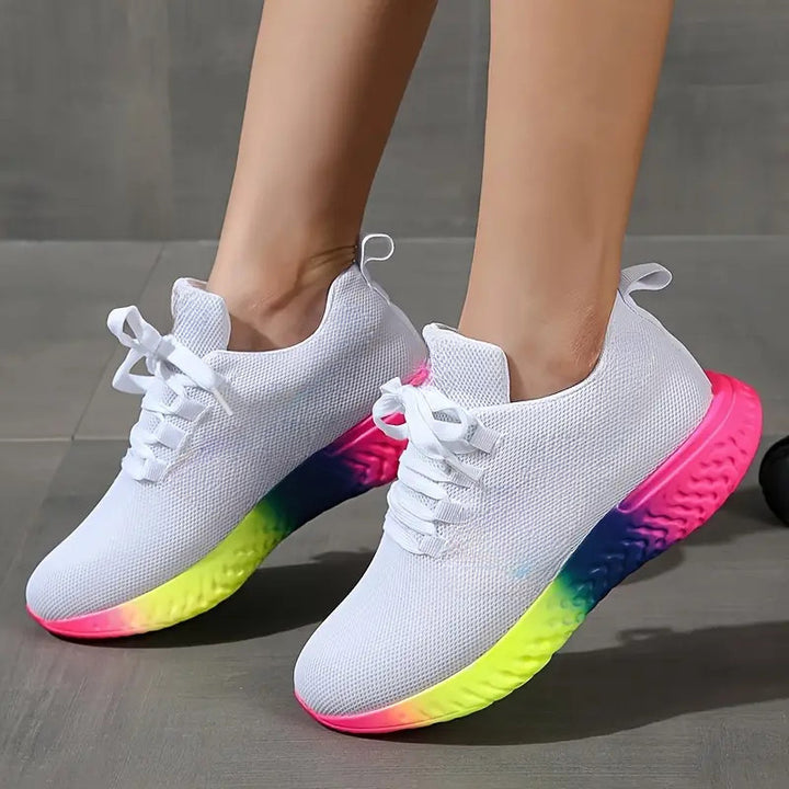 Lace-up Mesh Shoes With Rainbow Sole Design Fashion Walking Running Sports Shoes Sneakers For Women - cas7m