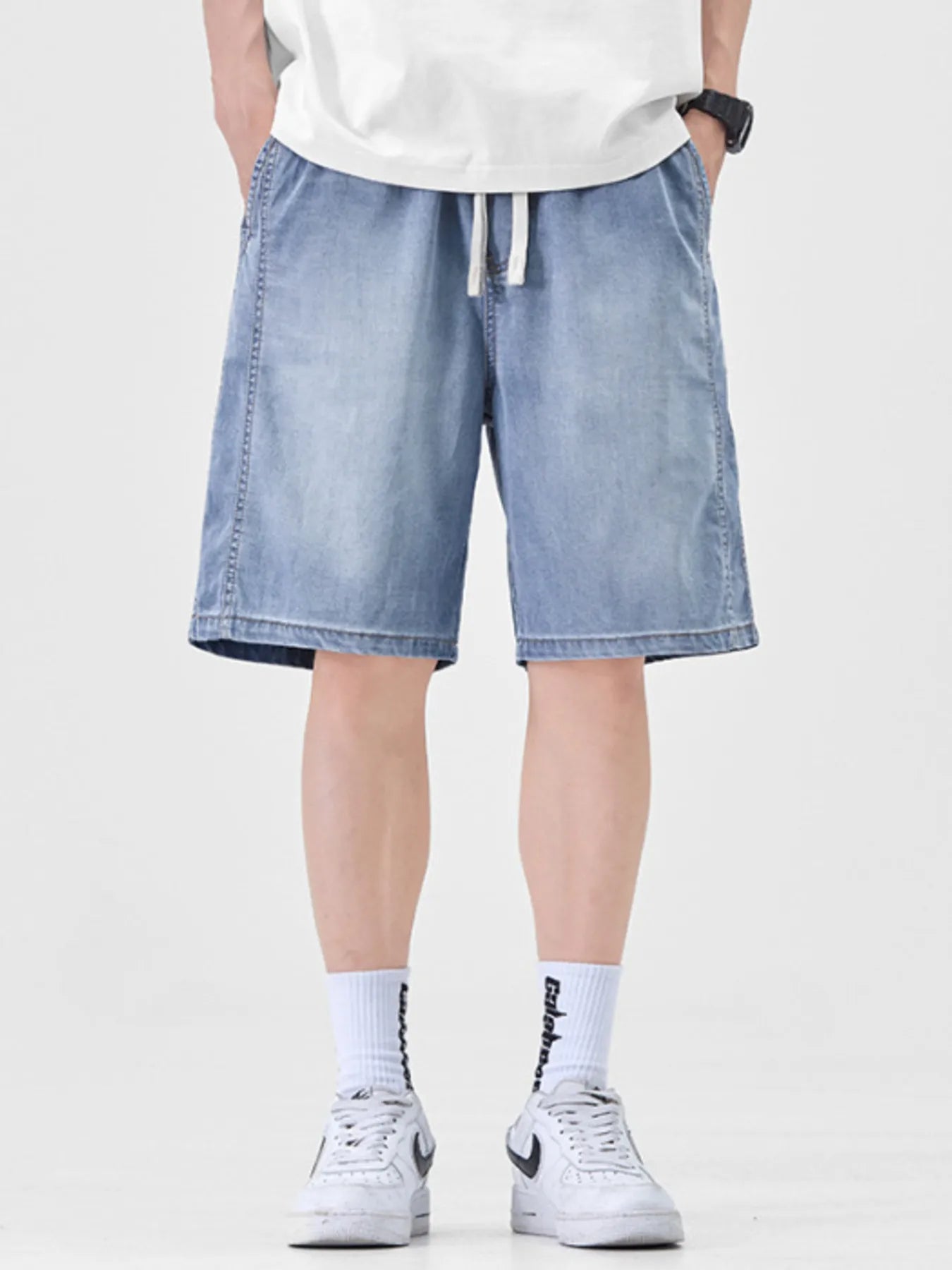 Men's Plus Size Casual Loose Fit Denim Shorts with Drawstring - cas7m