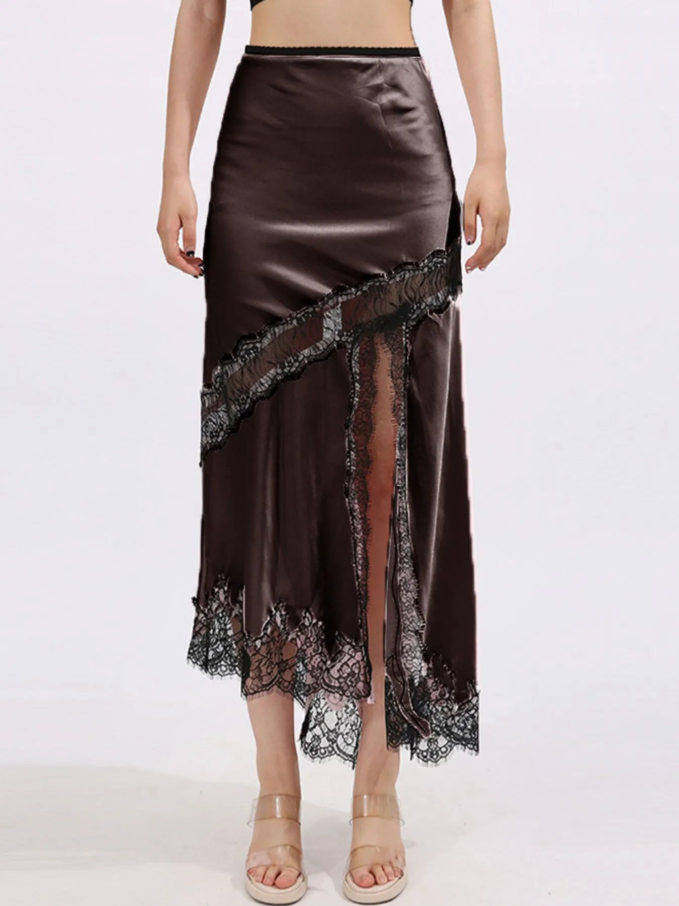 Lace Trim Asymmetrical Midi Skirt - cas7m