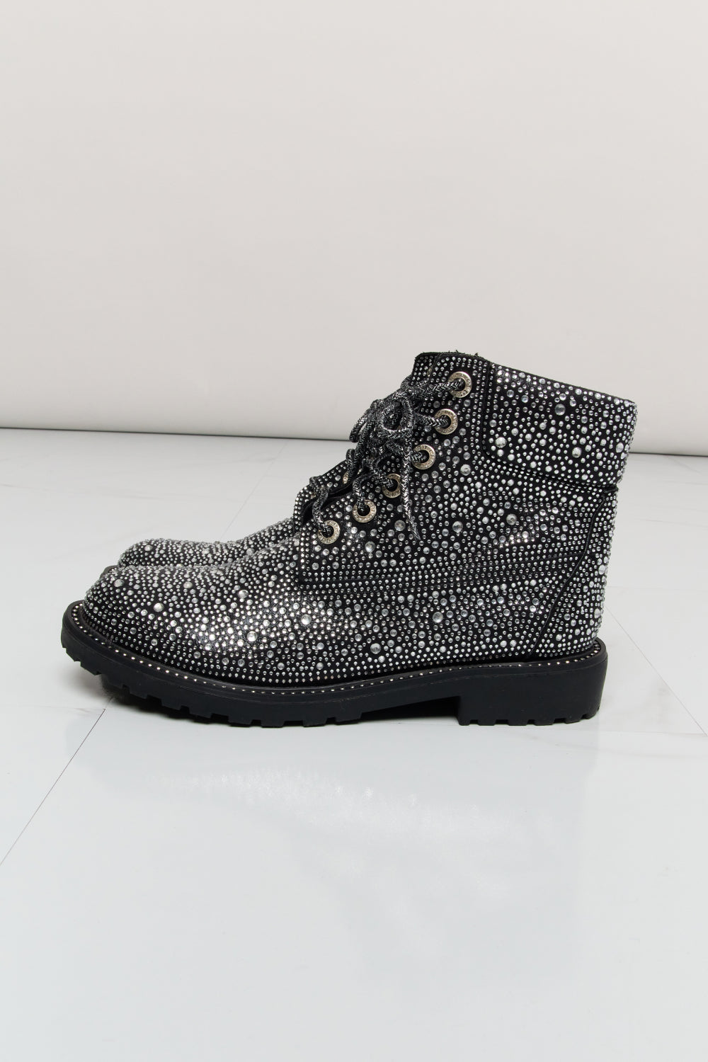 Forever Link Rhinestone Lace-Up Combat Boots - cas7m