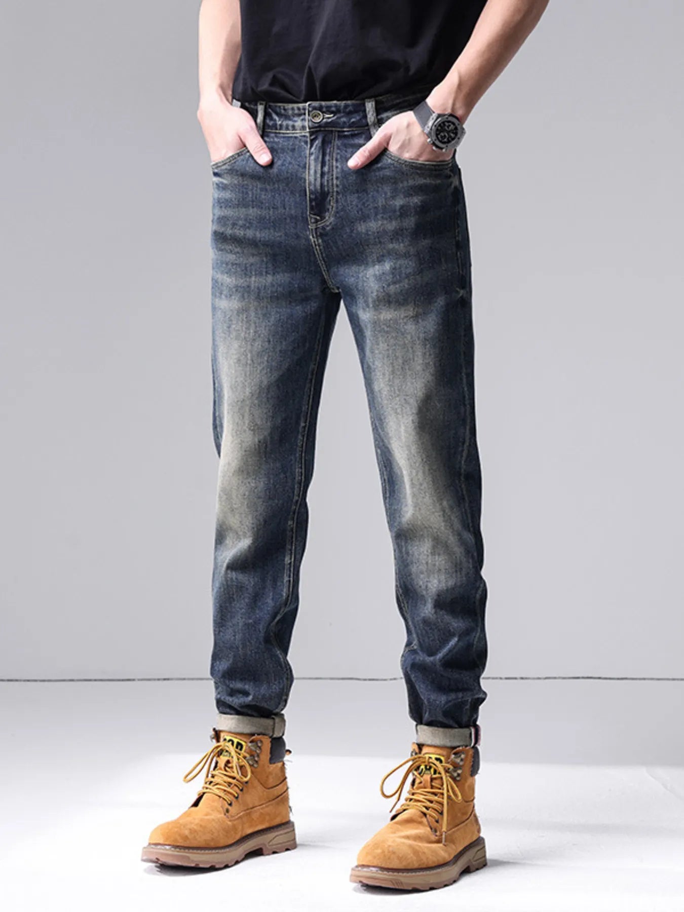 Men's Washed Straight Leg Jeans - cas7m