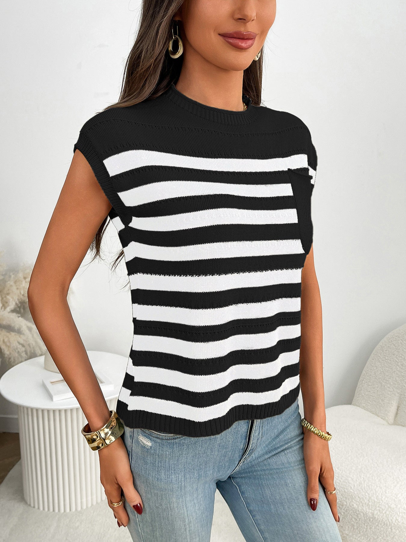 Striped Knit Pocket Detail Cap Sleeve Sweater - cas7m