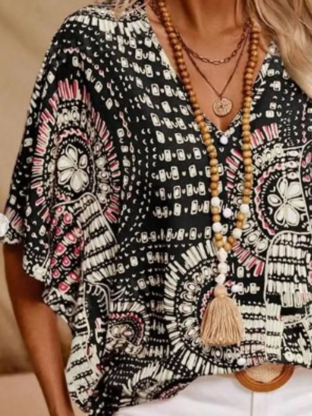 Printed V-Neck Half Sleeve Top - cas7m