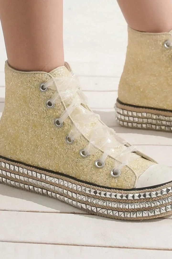 Beast Fashion Glitter Lace-Up Studded Platform Sneakers - cas7m