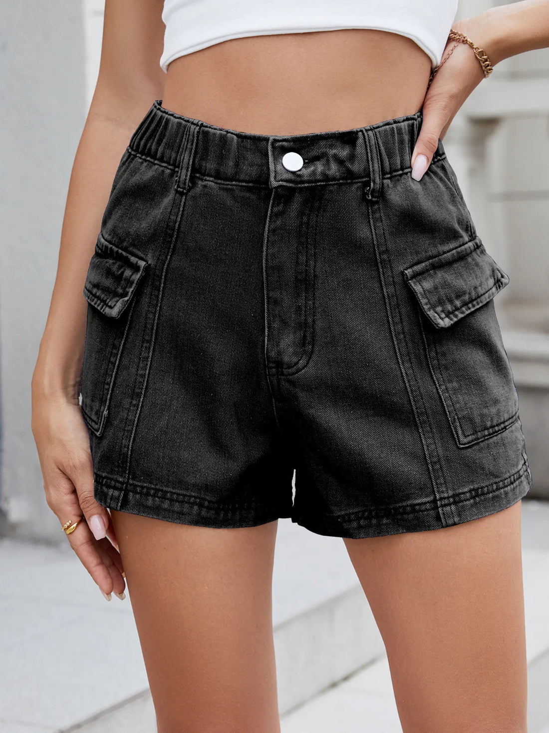 High Waist Cargo Denim Shorts - cas7m