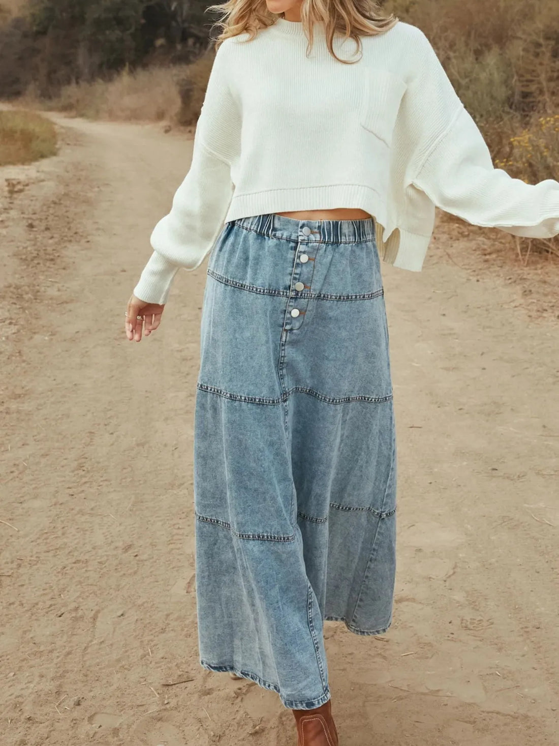 Button-Front Tiered Maxi Denim Skirt - cas7m