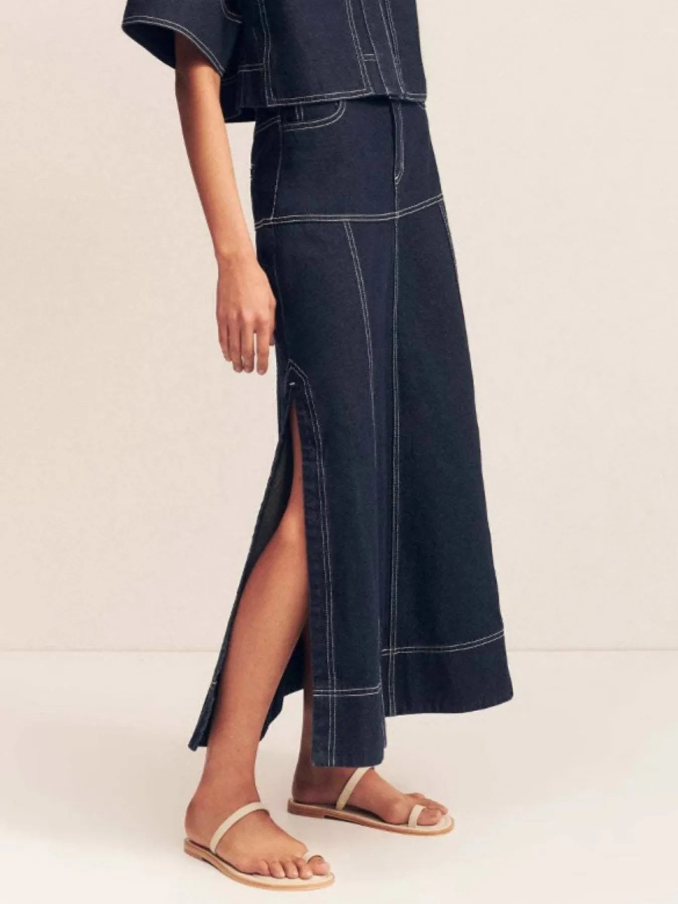 High-Waist Side Slit Contrast Stitch Denim Maxi Skirt - cas7m