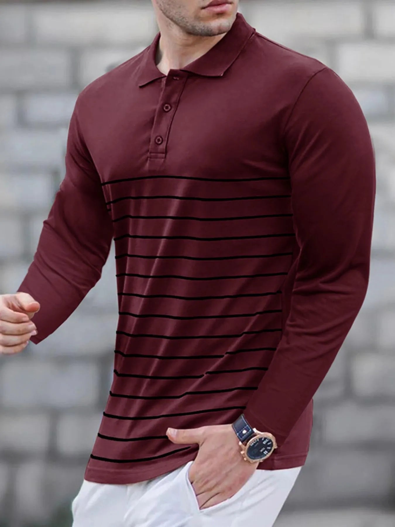 Men's Striped Long Sleeve Polo Shirt - cas7m