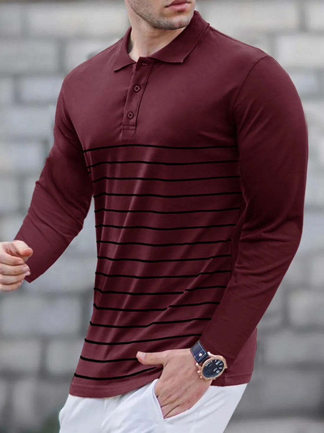 Men's Striped Long Sleeve Polo Shirt - cas7m