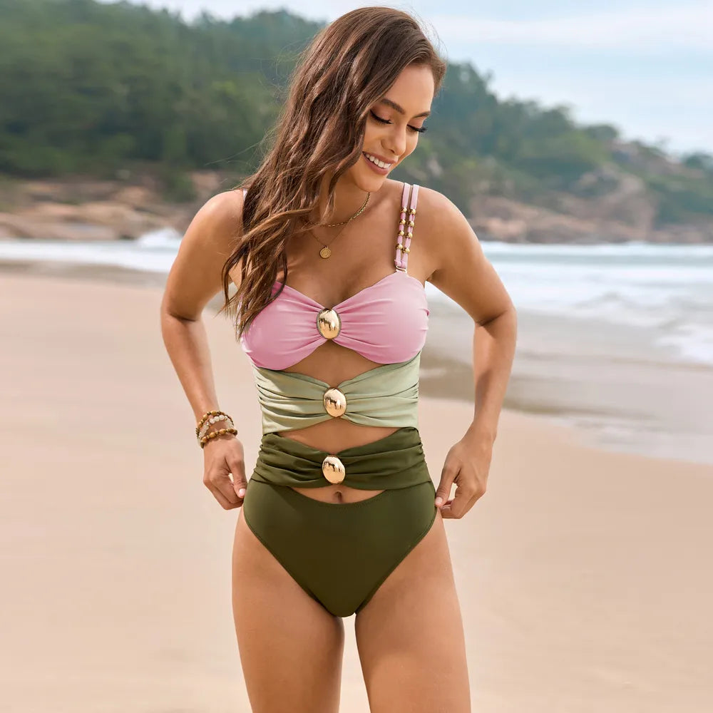 Color Block Sweetheart Neck One-Piece Swimwear - cas7m